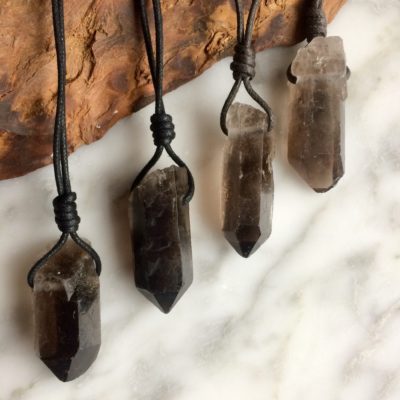 smoky quartz point cotton cord