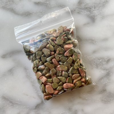 a bag of unakite mini gemstone chips