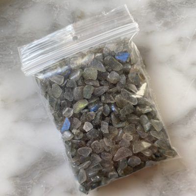 A bag of labradorite chip stones