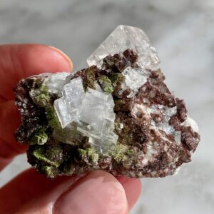 calcite and duftite on dolomite from Tsumeb