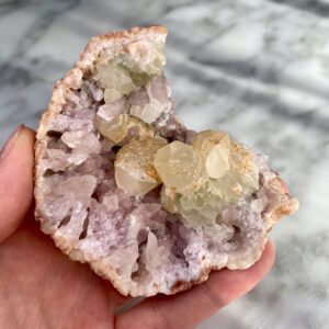 pink amethyst and calcite geode from patagonia 1b