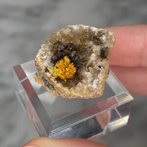 boltwoodite on calcite from Goanikontes